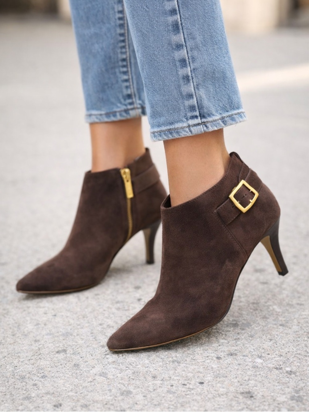 Vince Camuto Dark Brown Suede Booties with Gold Accents